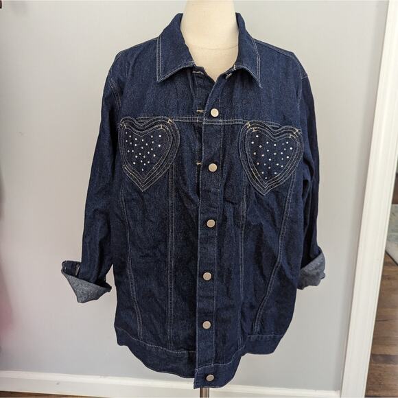 NEW Quaker Factory Heart Sequin Rhinestone Denim Jacket 1X Cotton - Picture 1 of 4